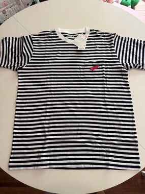 Uniqlo Black & White Striped Short-Sleeve Tee with Small Red Logo